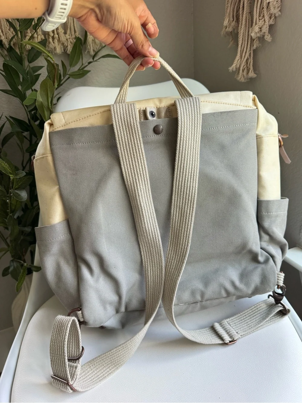 Petunia Pickle Bottom Boxy Backpack Diaper Bag Cream Gray Convertible Canvas